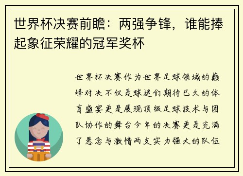 世界杯决赛前瞻：两强争锋，谁能捧起象征荣耀的冠军奖杯